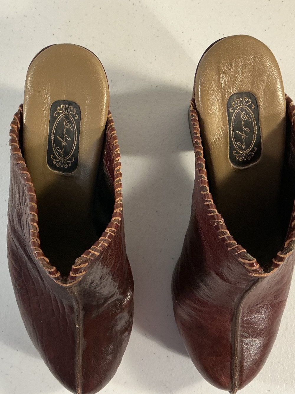Salpy Clogs women’s sz9, vintage hand made-leather with stitching wood heel